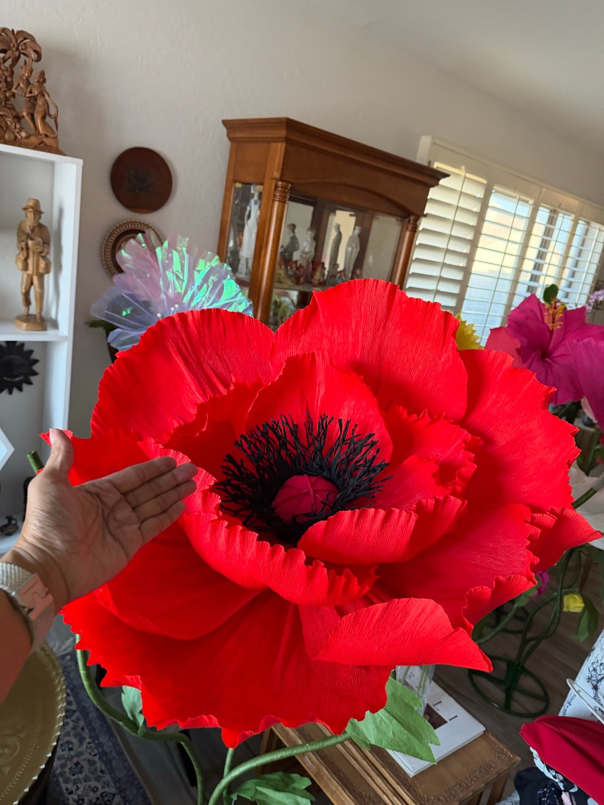 A hand next to a giant red paper poppy, showing its size